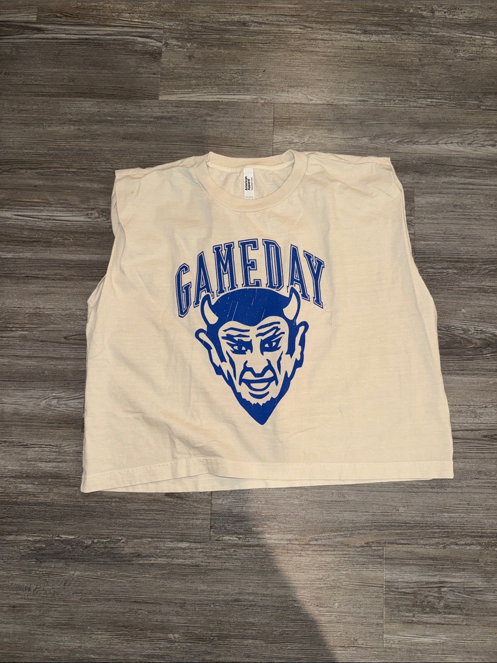 American Apparel Cream Muscle Tee with Blue GAMEDAY Devil Graphic